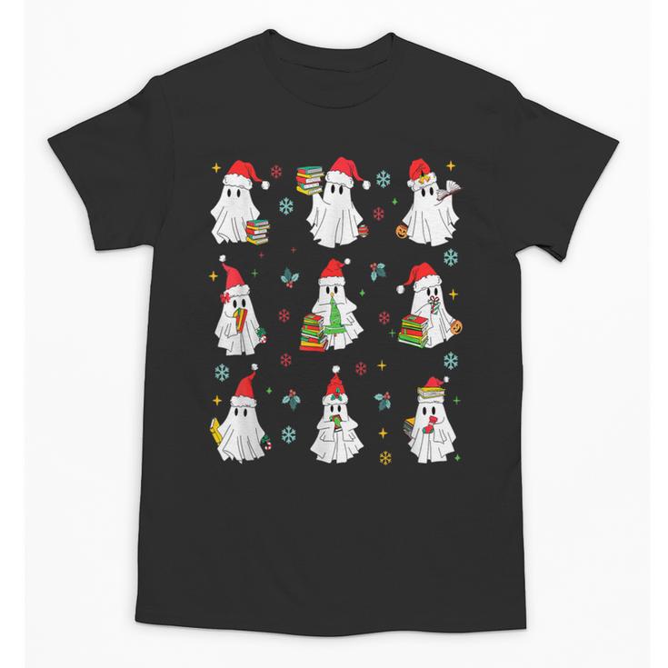 Ghosts Wearing Santa Hats Reading Books Christmas Book Lover Unisex T-Shirt
