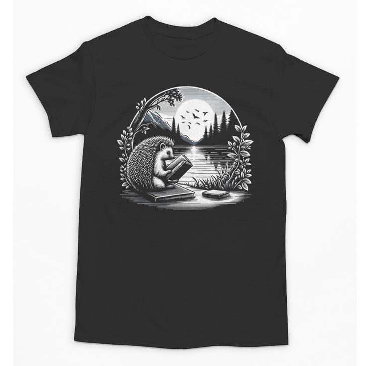 Hedgehog Reading Book Full Moon Lake Scenery Unisex T-Shirt