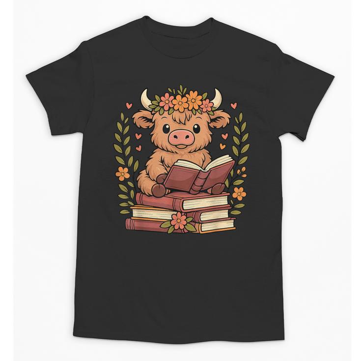 Highland Cow Reading Book Graphic Cow With Book Floral Unisex T-Shirt