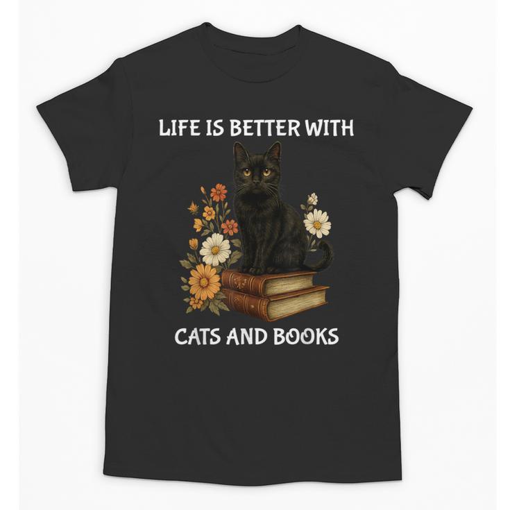 Life Is Better With Cats And Books Cute Cat Lover For Men Women Kids Unisex T-Shirt