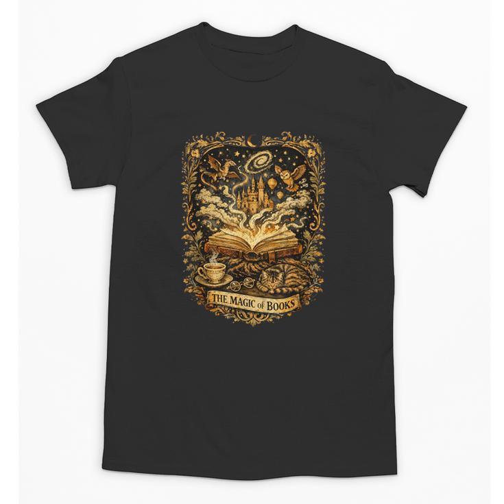 The Magic Of Books Vintage Style Reading Lover Cat & Tea Unisex T-Shirt