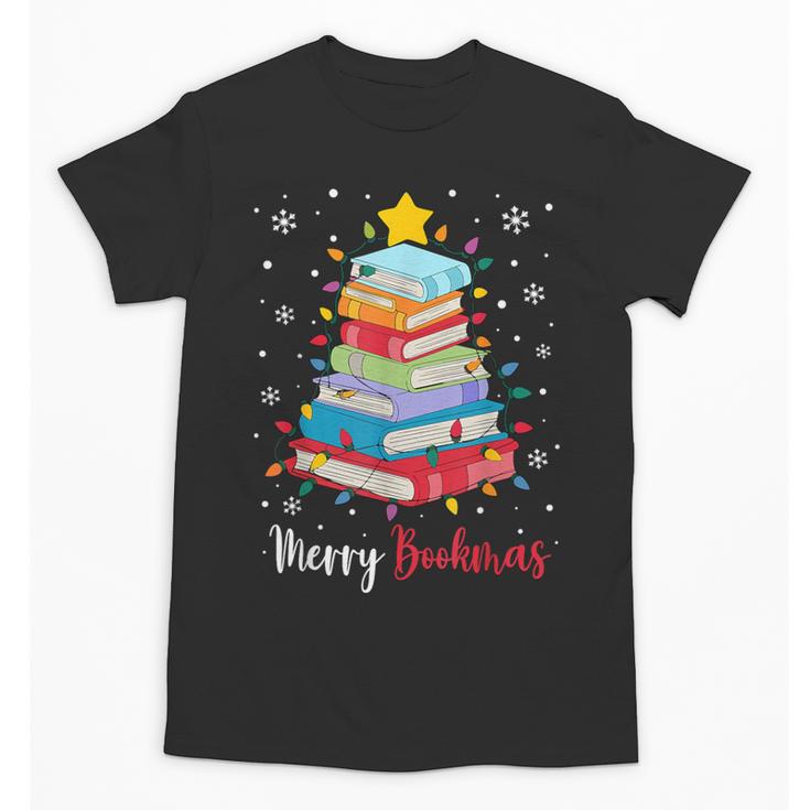 Merry Bookmas Book Christmas Tree Lights Xmas Men Women Kids Unisex T-Shirt