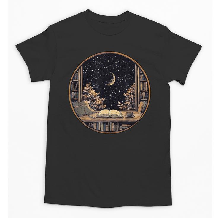 Moon Book Bookshelf Library Coffee Cup Star Stars Pattern Unisex T-Shirt