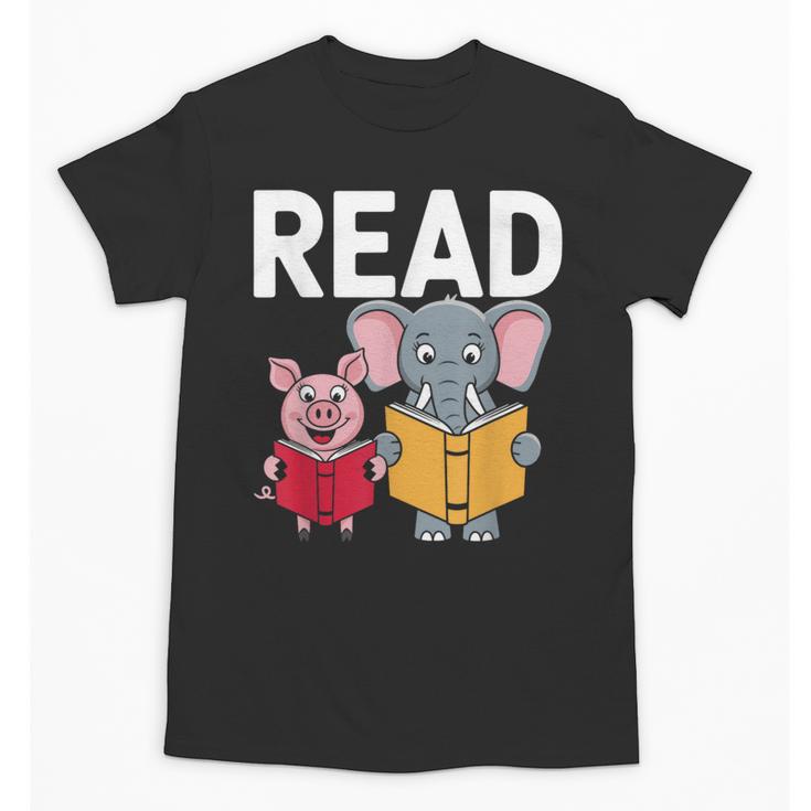 Pig Elephant Reading Cute Book Lover Bookworm Boys Girls Kid Unisex T-Shirt