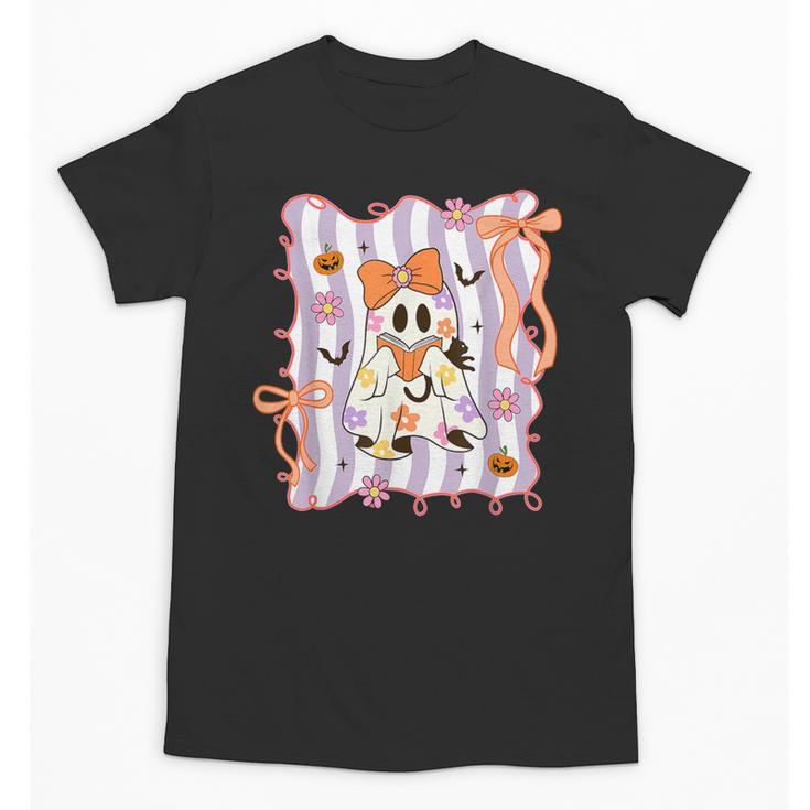 Preppy Coquette Bow Ghost Reading Books Halloween Book Unisex T-Shirt
