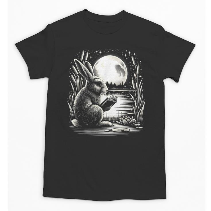 Rabbit Reading Book Full Moon Lake Scenery Unisex T-Shirt