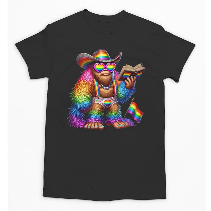 Rainbow Pride Bigfoot Reading Book With Heart Glasses Unisex T-Shirt