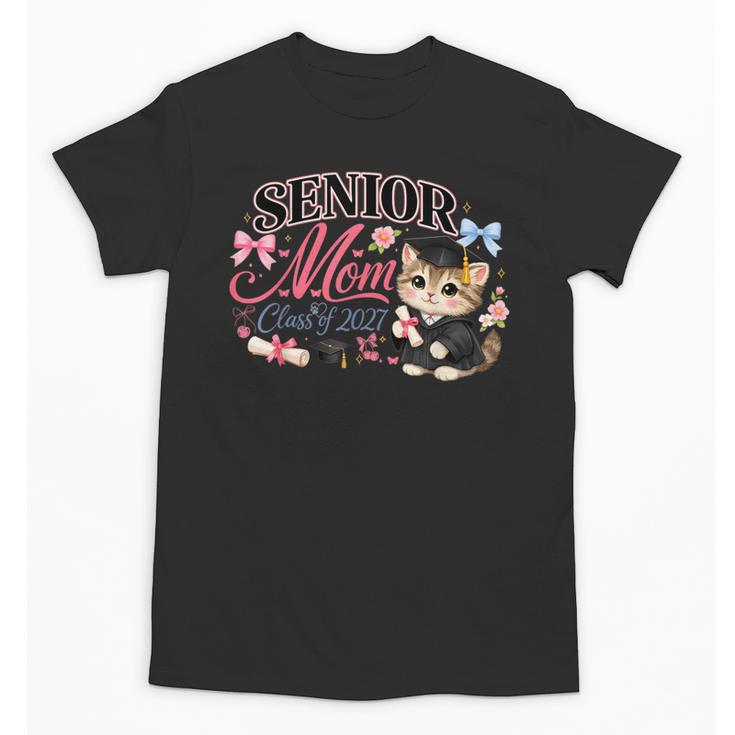 Senior Mom Class Of 2027 Cute Cat Graduation Pink Bows Girls Unisex T-Shirt