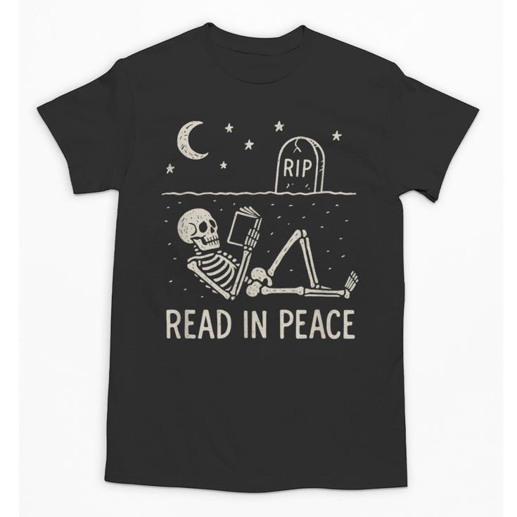 Skeleton Read In Peace Halloween Book Graphic Bookish Unisex T-Shirt