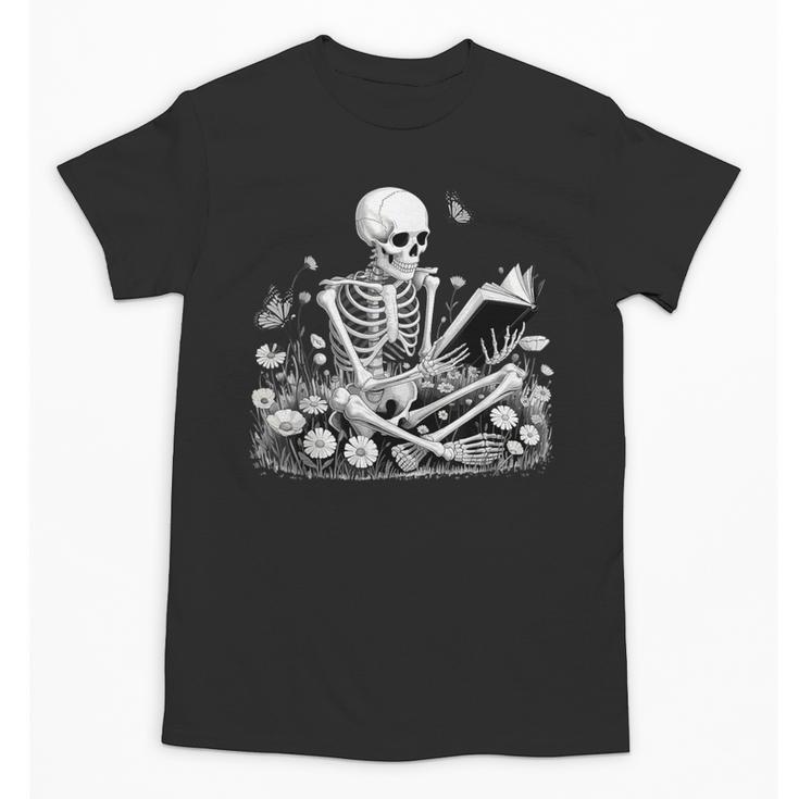 Skeleton Reading Book Floral Dark For Book Lovers Unisex T-Shirt