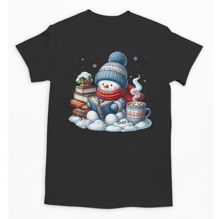 Snowman Reading Books Lovers Librarian Bookworm Christmas Unisex T-Shirt