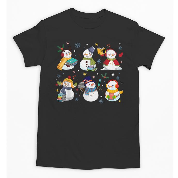 Snowman Reading Books Teacher Christmas Librarian Bookworm Unisex T-Shirt