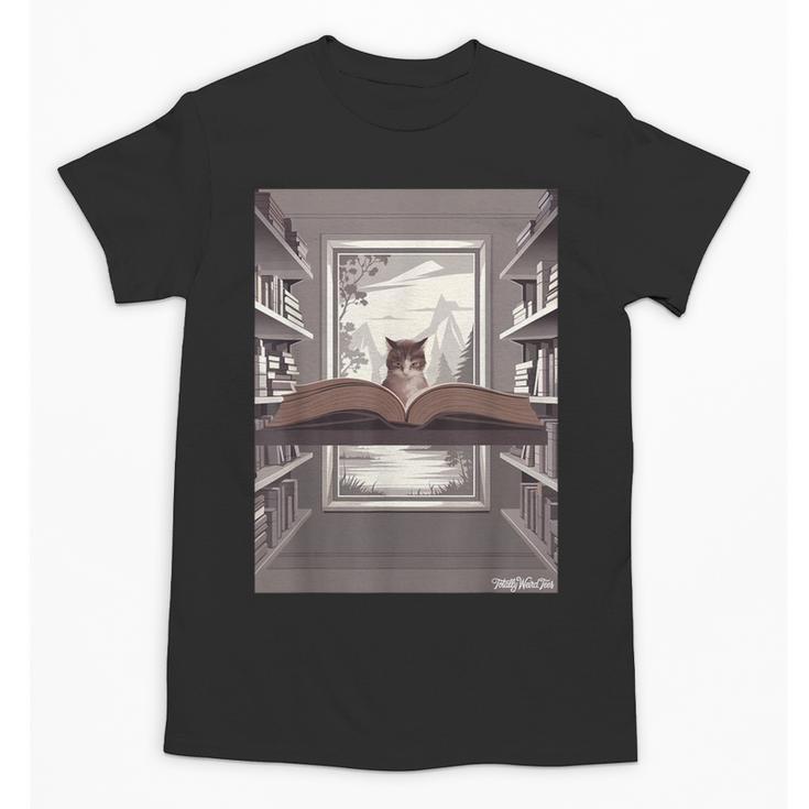 Totally Weird Tees Cat Library Book Reading Literary Unisex T-Shirt