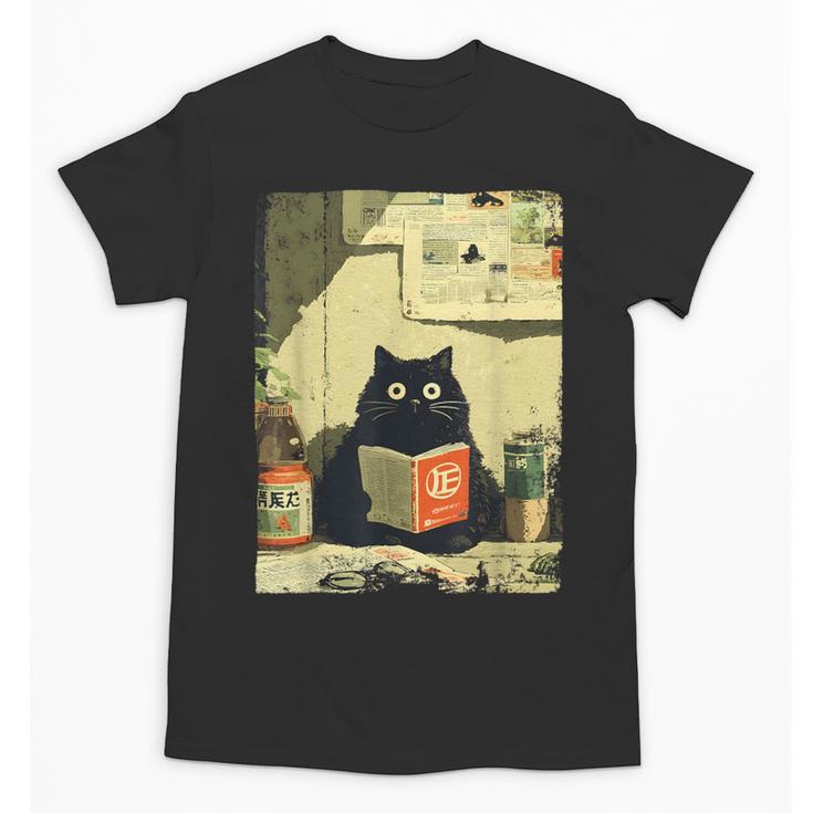 Vintage Japanese Cat Book Lovers Librarian Cat Dad Teacher Unisex T-Shirt