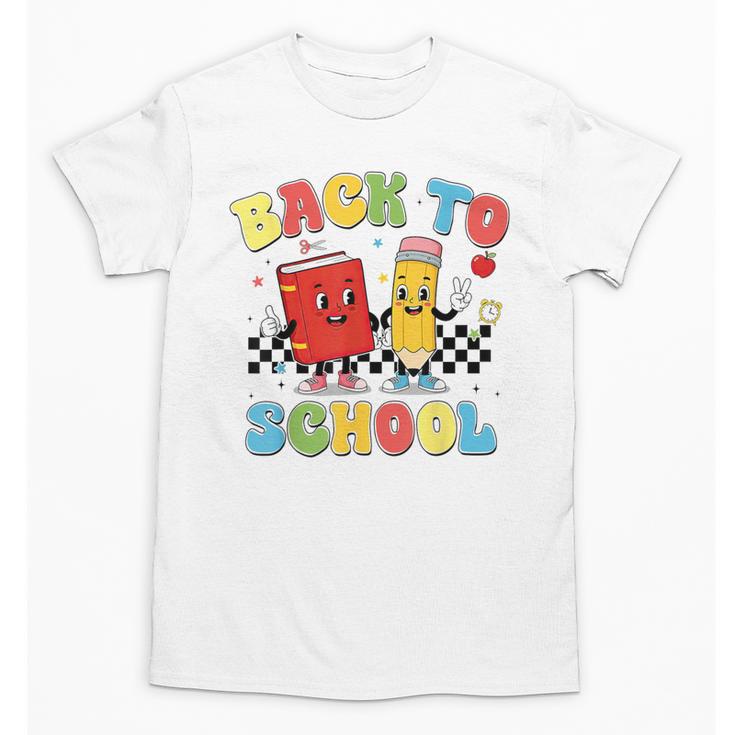 Back To School Checkered Book Pencil Groovy Teacher Student Unisex T-Shirt