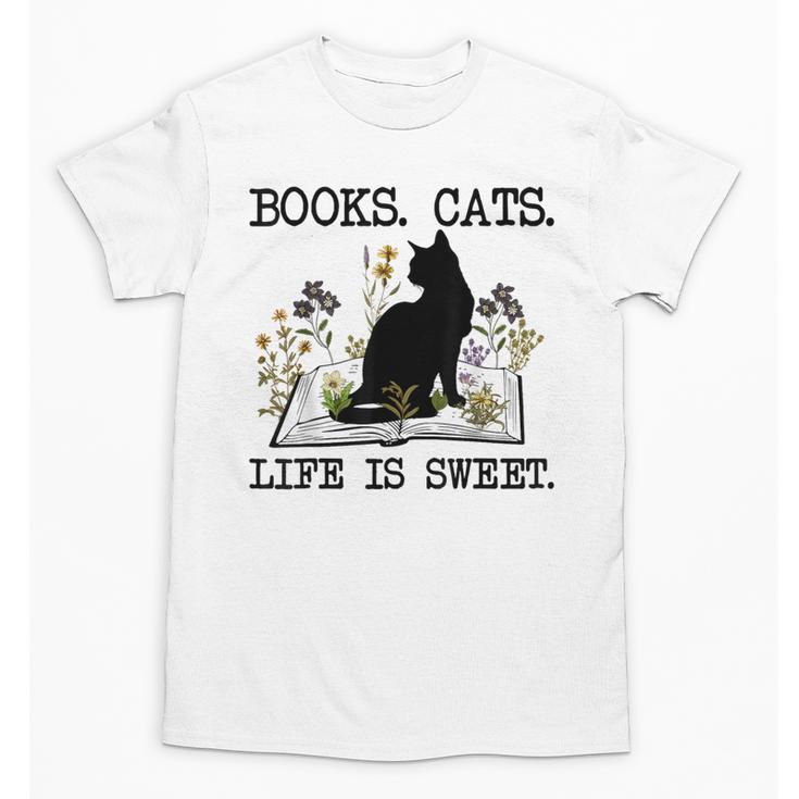 Books Cats Life Is Sweet Cat Book Lover Men Women Teen Unisex T-Shirt
