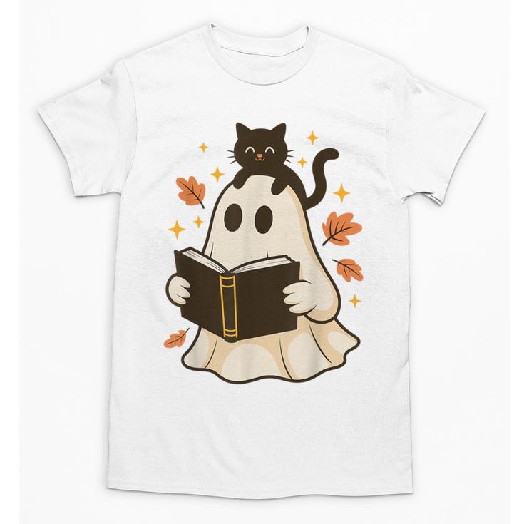Books Ghost Reading Book Halloween Library Cat Fall Unisex T-Shirt