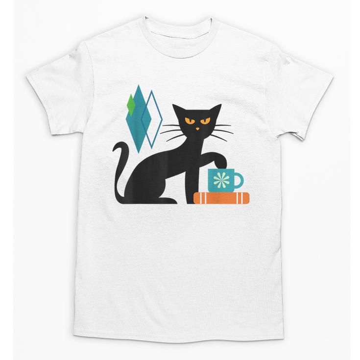 Cat Midcentury With Book And Coffee Atomic Age Mid Century Unisex T-Shirt