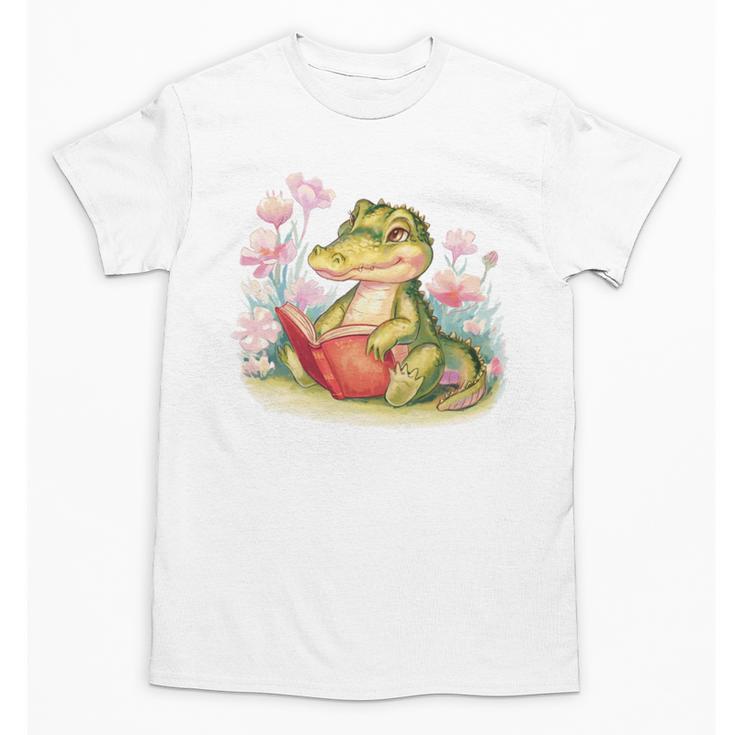 Crocodile Reading Book Watercolor Flowers Kids Unisex T-Shirt