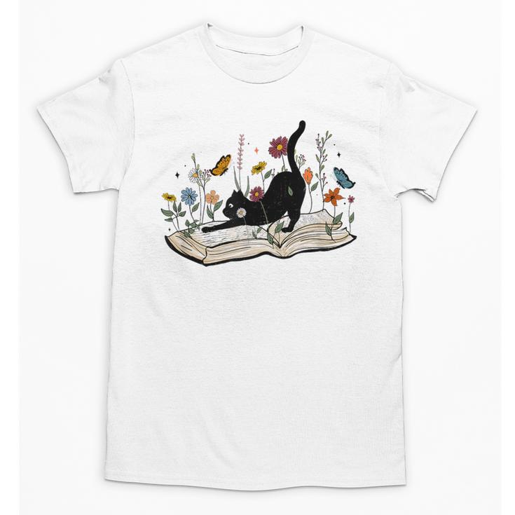 Cute Cat Flower Garden Book Kitty Reading Floral Men Women Girls Kids Unisex T-Shirt