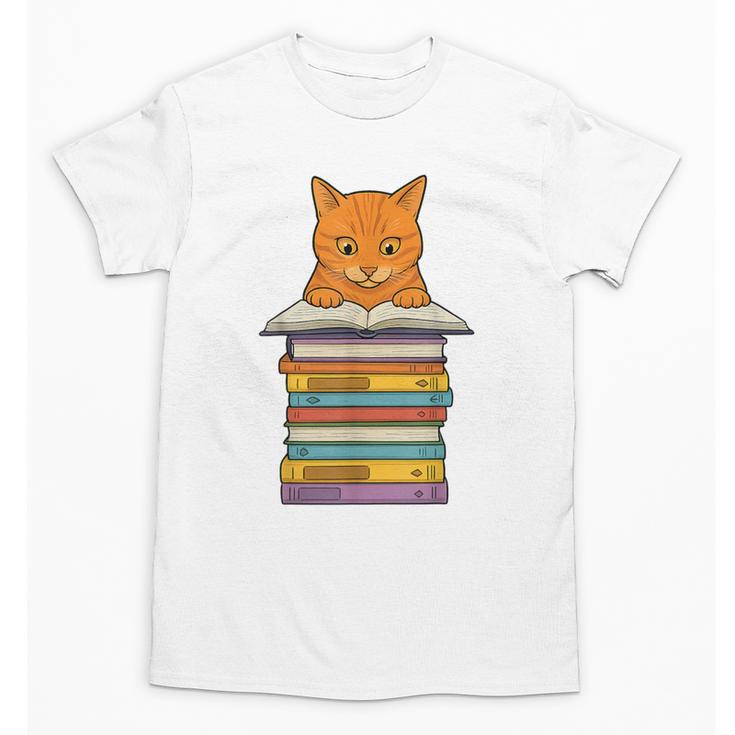 Cute Orange Tabby Cat Reading On Pile Of Books Unisex T-Shirt