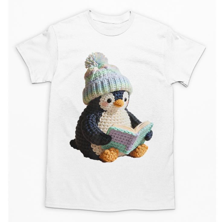 Cute Penguin Reading Book Faux-Crochet Print Unisex T-Shirt