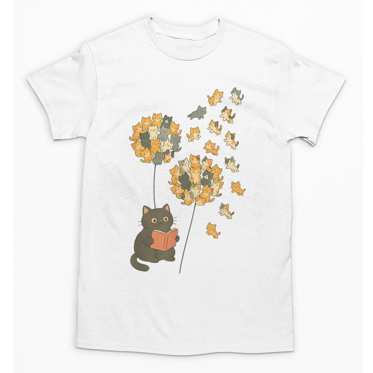 Cute Reading Cat With Kitten Dandelion Flowers Book Lover Unisex T-Shirt