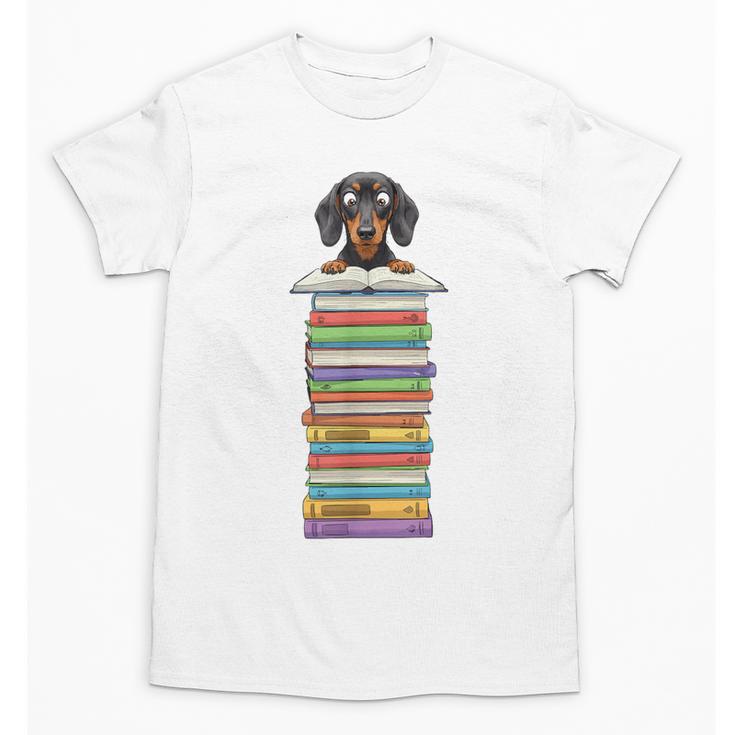 Cute Wiener Dog Dachshund Reading On Pile Of Books Unisex T-Shirt