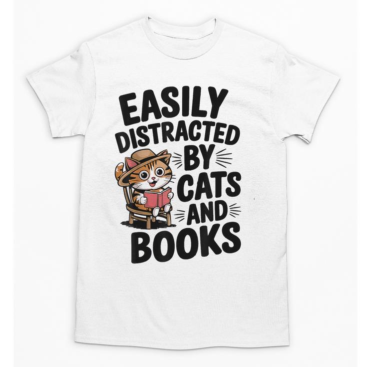 Easily Distracted By Cats And Books Lovers Reading Unisex T-Shirt