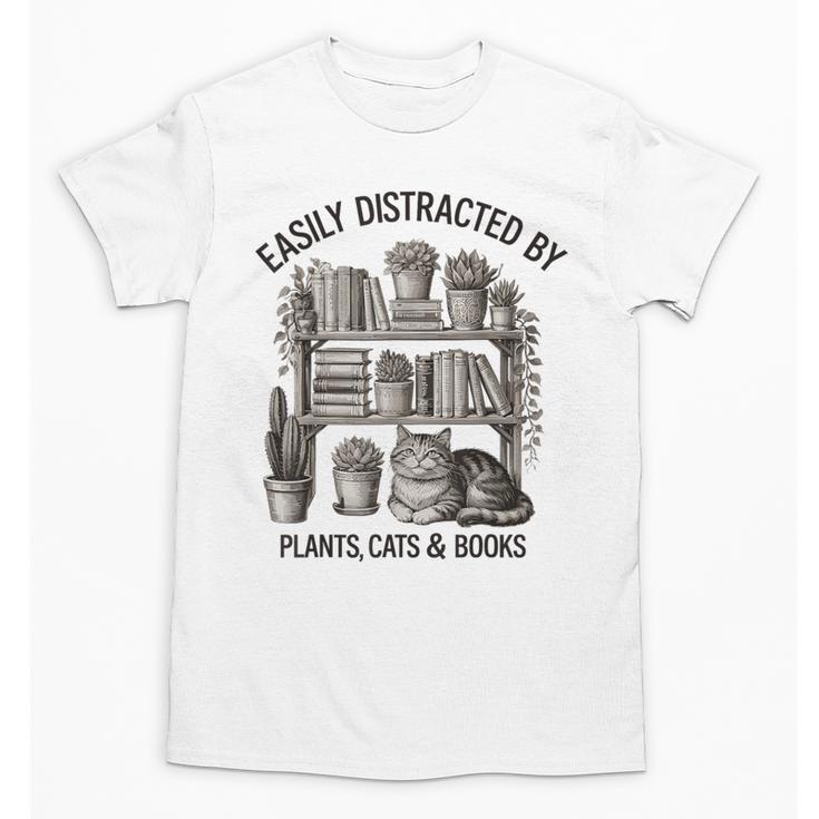 Easily Distracted By Plants Cats & Books Planting Gardening Unisex T-Shirt