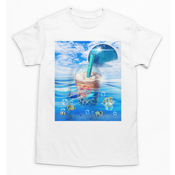 Frutiger Aero Aesthetic Tech Bubble Tea Boba Milktea Fishes Raglan Baseball Tee Unisex T-Shirt