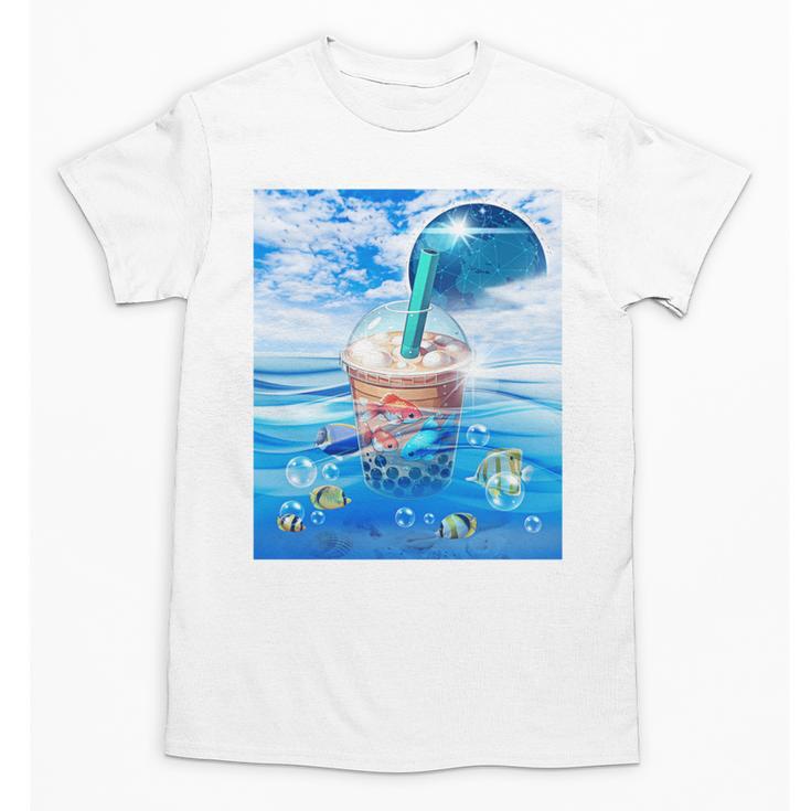 Frutiger Aero Aesthetic Tech Bubble Tea Boba Milktea Fishes Unisex T-Shirt