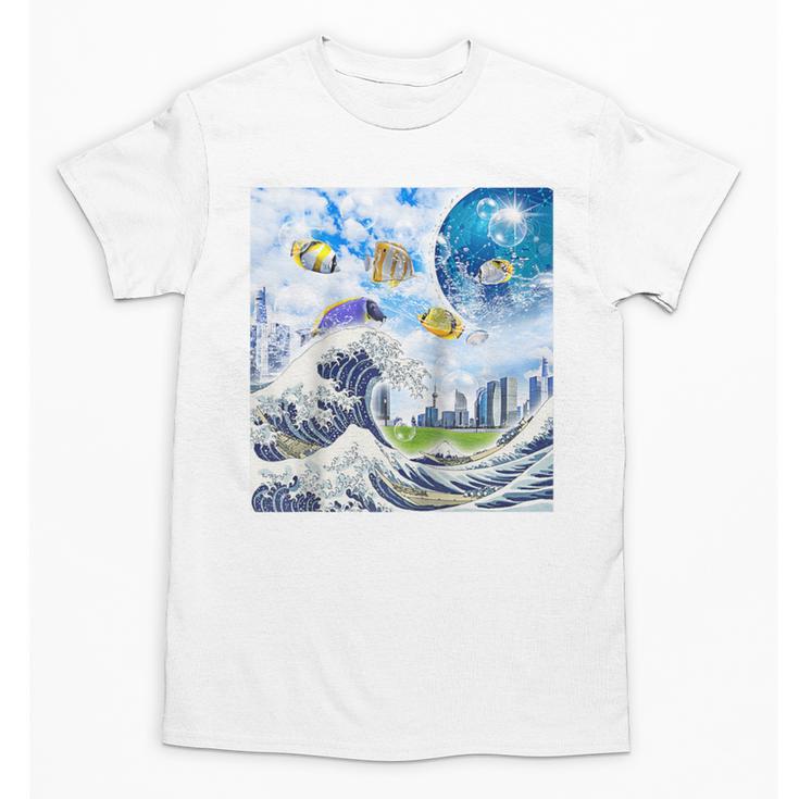 Frutiger Aero Aesthetic Tech Great Wave Of Kanagawa Fishes Raglan Baseball Tee Unisex T-Shirt