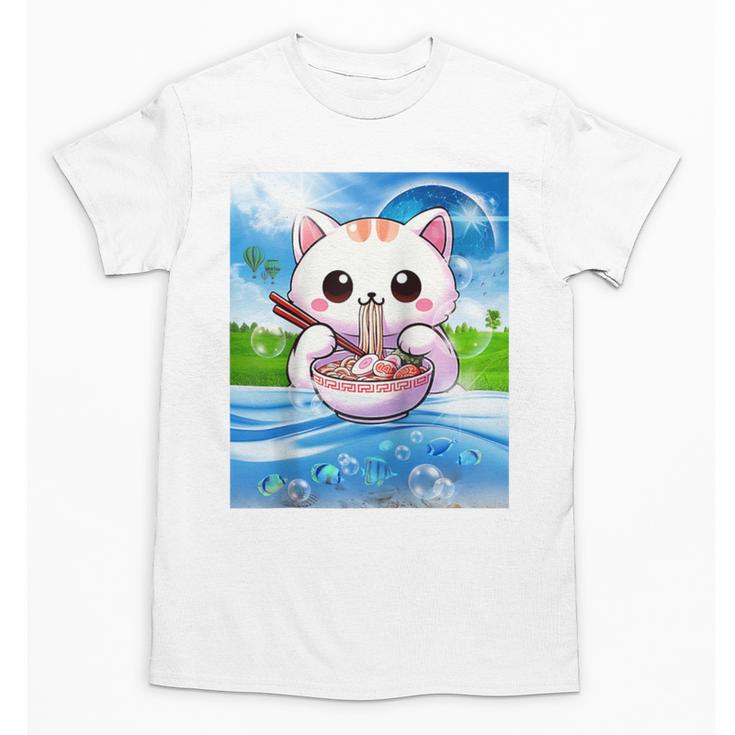 Frutiger Aero Aesthetic Tech Kawaii Ramen Cat Fishes Raglan Baseball Tee Unisex T-Shirt