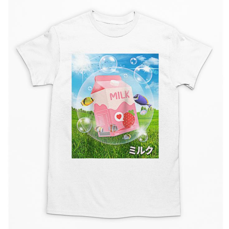 Frutiger Aero Aesthetic Tech Kawaii Strawberry Milk Fishes Raglan Baseball Tee Unisex T-Shirt