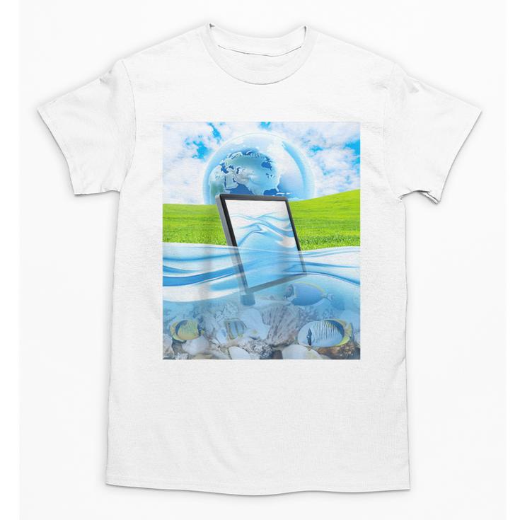 Frutiger Aero Aesthetic Tech Water Fishes Monitor Screen Raglan Baseball Tee Unisex T-Shirt