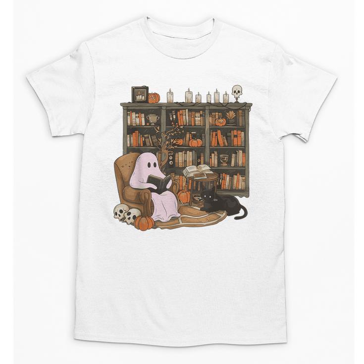 Ghost Reading Book Cat Lover Halloween Reading Enthusiast Unisex T-Shirt