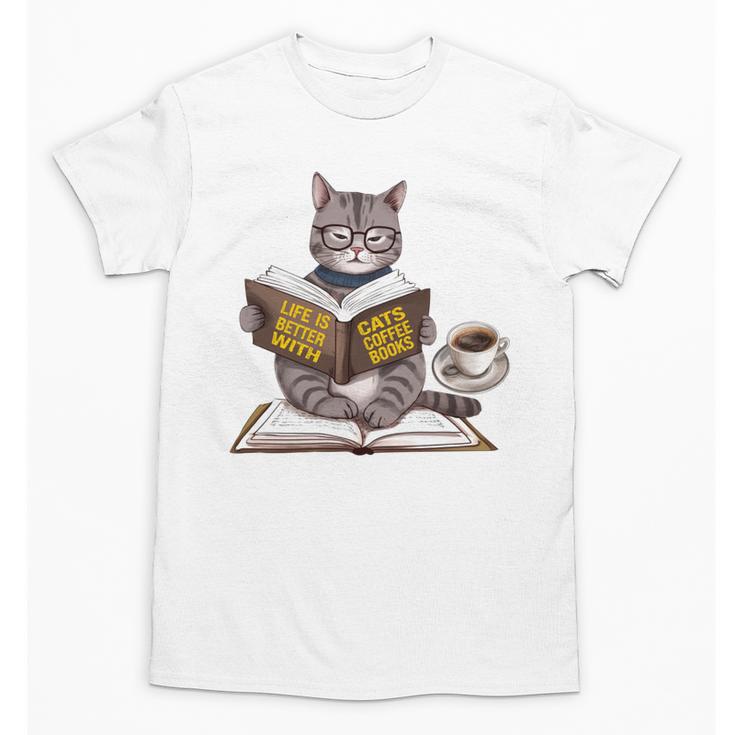 Life Is Better With Cats Coffee Books Cat Reading Book Unisex T-Shirt