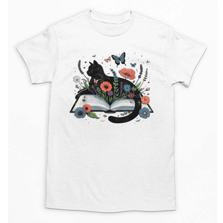 Retro Cute Cat Floral Book Librarian Vintage Floral Cat Book Unisex T-Shirt
