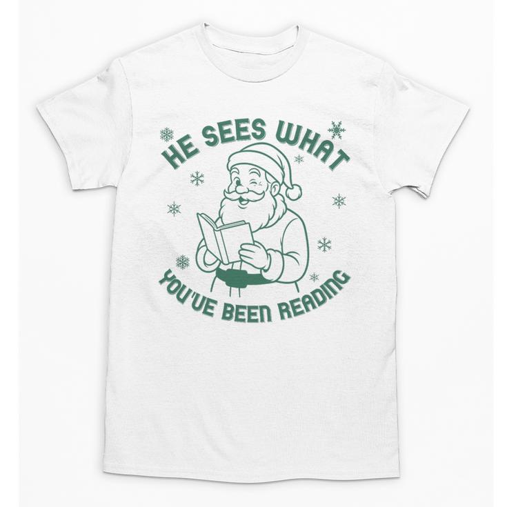 He Sees What You'Ve Been Reading Christmas Bookish Santa Premium Tri-Blend Unisex T-Shirt