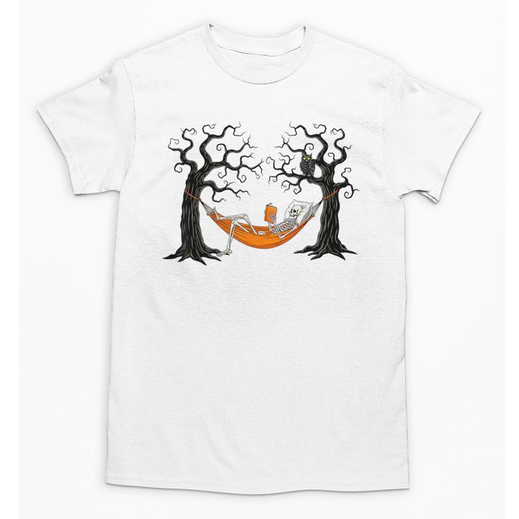 Skeleton Reading Book In Hammock Halloween Reader Unisex T-Shirt