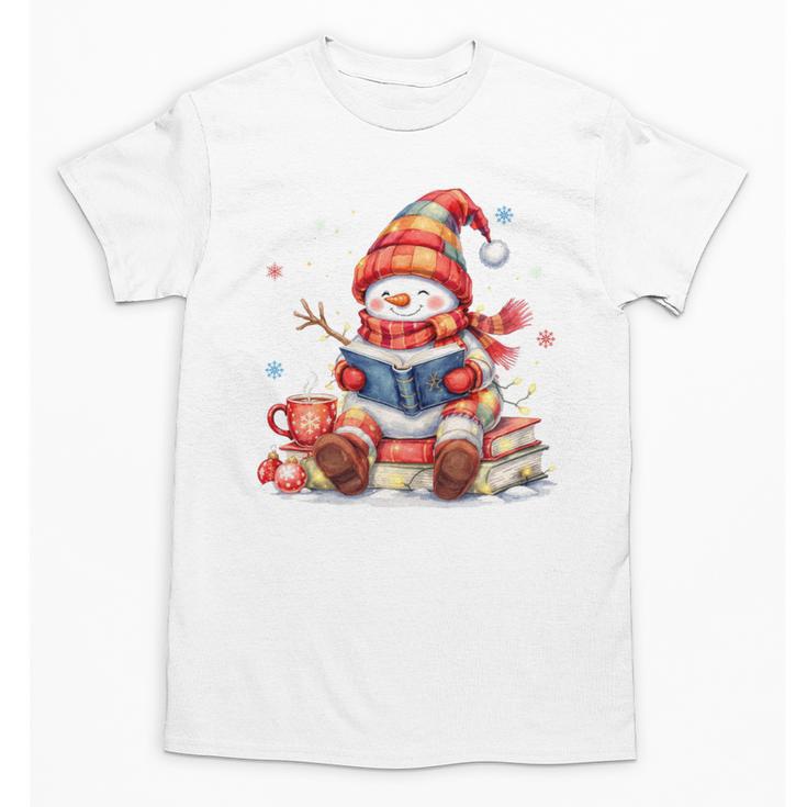 Snowman Reading Books Lovers Christmas Librarian Bookworm Unisex T-Shirt
