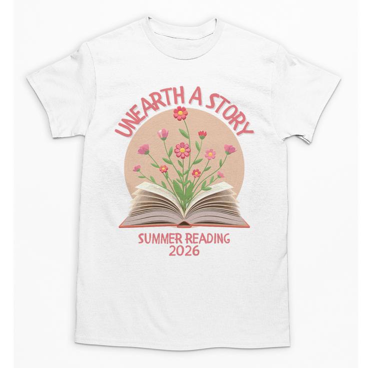 Unearth a Story 2026 Summer Reading Program Flowers Book Premium Tri-Blend Unisex T-Shirt