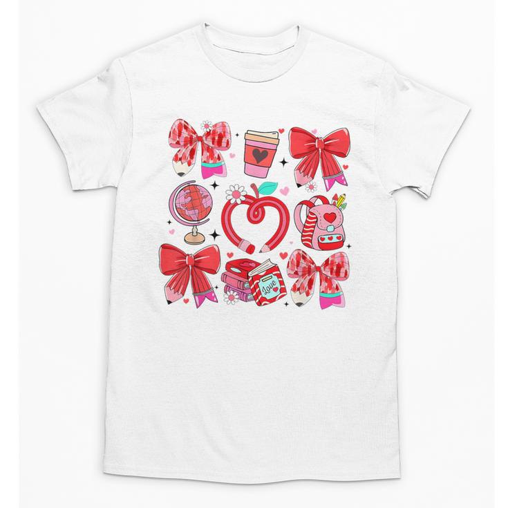 Valentine Teacher Coquette Bow Pencil Heart Book Girl Women Unisex T-Shirt