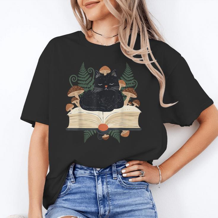 Cat On Open Book Mushrooms Ferns Dark Academia Unisex T-Shirt Cat On Open Book Mushrooms Ferns Dark Academia Unisex T-Shirt