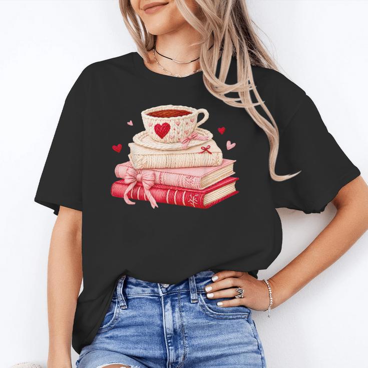 Cute Books And Coffee Crochet Valentines Day Tee For Couples Unisex T-Shirt