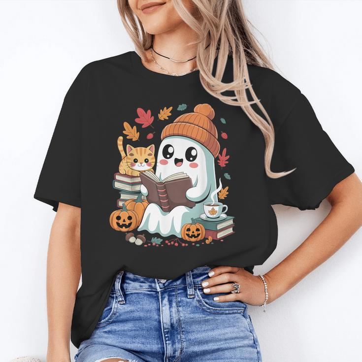 Cute Cozy Ghost Reading With Cat Book Lover Autumn Fall Unisex T-Shirt