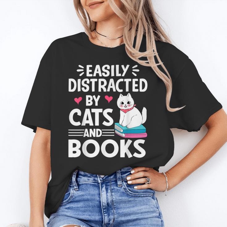 Easily Distracted By Cats And Books Cute Cat And Book Lovers Unisex T-Shirt