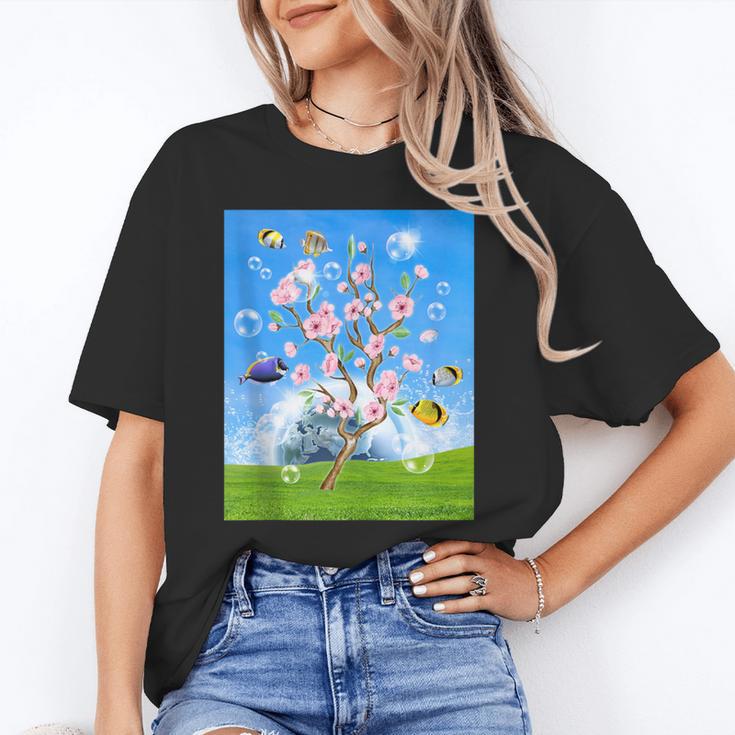 Frutiger Aero Aesthetic Tech Cherry Blossom Fishes Bubbles Unisex T-Shirt Frutiger Aero Aesthetic Tech Cherry Blossom Fishes Bubbles Unisex T-Shirt