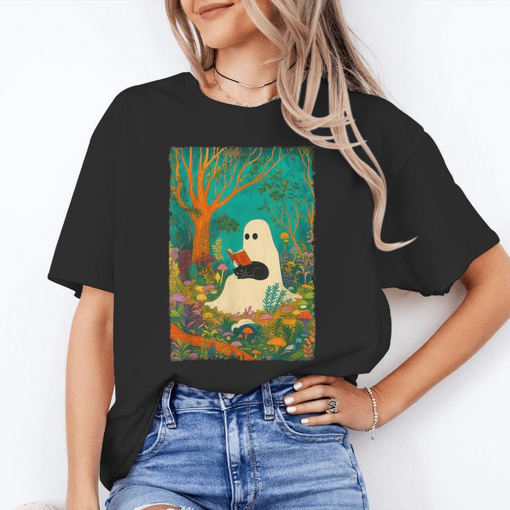 Groovy Ghost Reading Book Cat Halloween Ghost Teacher Unisex T-Shirt
